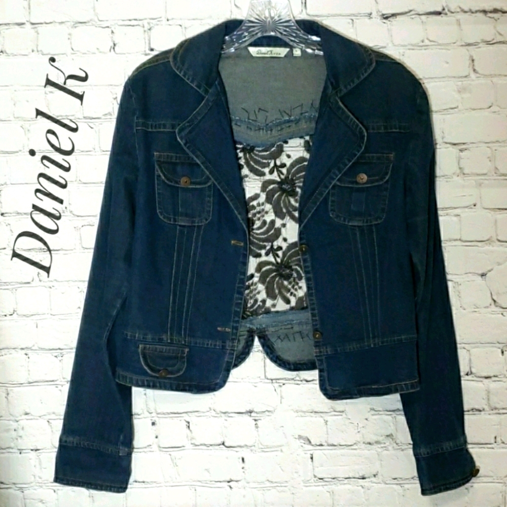 Daniel K Denim Jacket w/ Beaded Lace Back. Blue Black Lace Size L Juniors